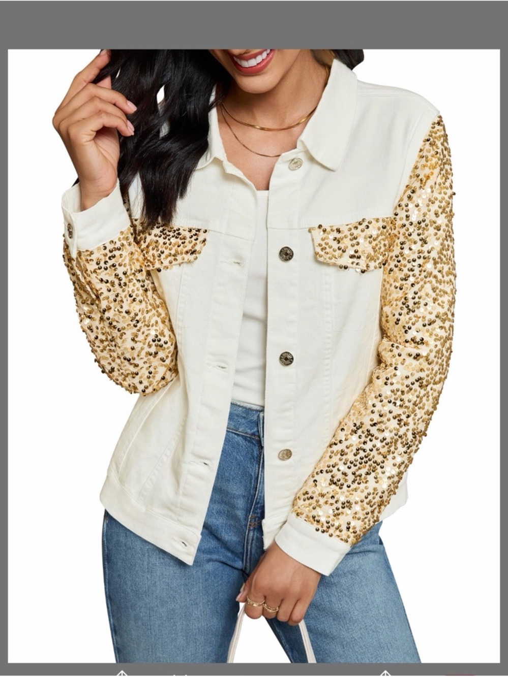 Embellished Sequin Sleeve White Jean Jacket